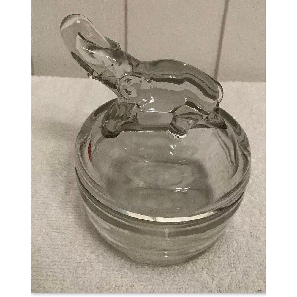 Jeanette Glass Clear Powder Jar with Elephant Lid Trinket Dish 1940s Vintage